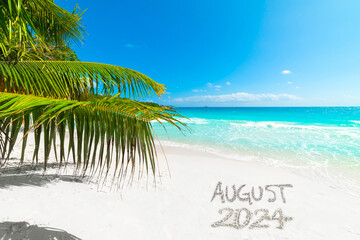 August 2024 written on the sand in a tropical beach with a palm tree