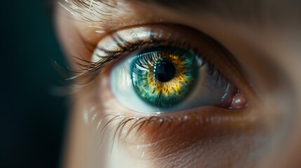 A mesmerizing close-up image of a single green eye with a captivating golden ring around the pupil
