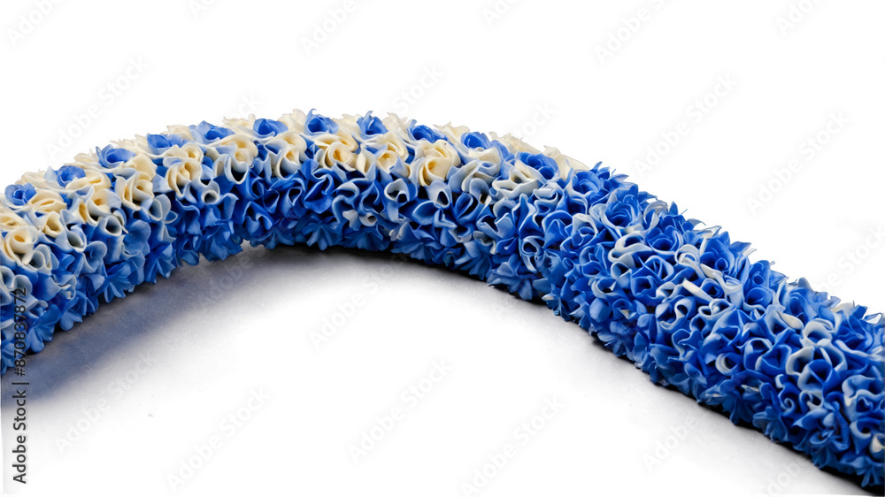 Poster two curving lengths of material one in a cornflower blue and the other in a pale cream color.