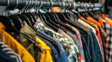 Clothes on Hangers in a Shop.