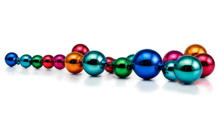 A festive decoration consisting of multiple balls strung together with a shiny finish and vibrant colors.