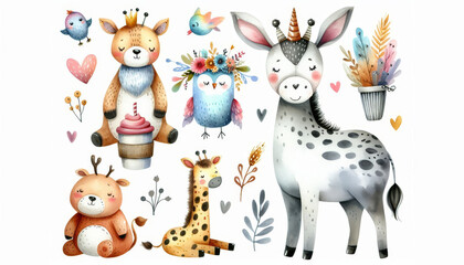 Obraz premium Cute Watercolor Animals Illustration - An illustration featuring a deer, a giraffe, an owl, a unicorn and birds. The image is created in a watercolor style, with soft colors and cute details. - An ill