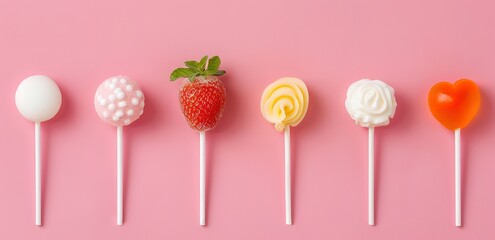 A strawberry and many candies are lined up in the photo on a pink background