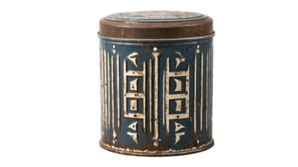 Worn rustic tins with faded patterns displaying visible dents and scrapes from years of use but still strong enough to hold a slender taper in place.