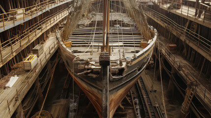 Fototapeta premium Workers restoring a historical frigate in a dry dock.