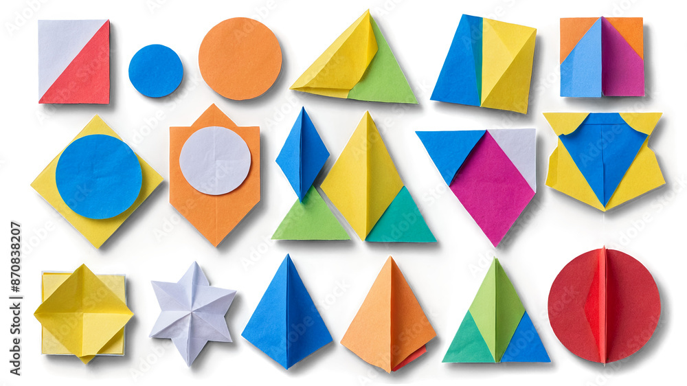 Aufkleber A set of colorful paper shapes including circles squares and triangles all intricately with fine precise lines.