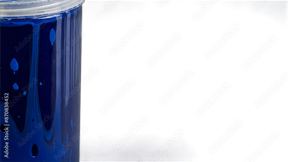Aufkleber A colorful thick viscous liquid contained within a rectangular plastic container. The color of the paint is a deep blue with a glossy finish. The container has a screwon lid and a