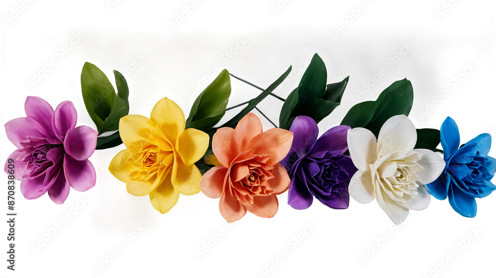 Poster A collection of artificial flowers crafted from a smooth silky material. The petals are intricately designed with vibrant colors and a glossy finish. The stem is flexible and can
