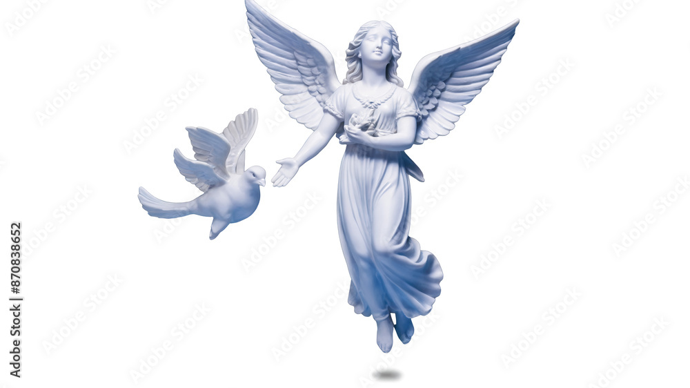Poster two small figurines made of smooth resin material one depicting a winged angel with a serene express