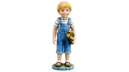 A charming pair of resin figurines one portraying a young boy with a playful expression while holding a kite and the other depicting a young girl holding a basket of flowers. Each