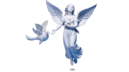 Two small figurines made of smooth resin material one depicting a winged angel with a serene expression and the other a peaceful dove in flight. The figurines are intricately