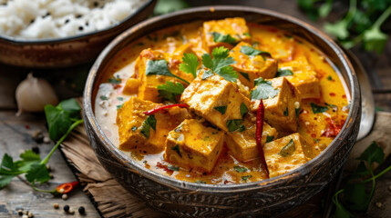 Authentic Indian Paneer Curry in Traditional Bowl with Herbs, Spices, and Rice Side Dish