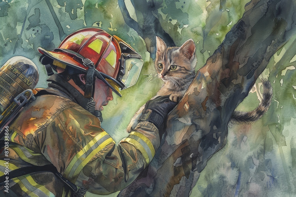 Wall mural Firefighter Rescues a Kitten Stuck in a Tree - A firefighter in full gear gently rescues a kitten stuck high in a tree, their eyes meeting in a moment of connection. - A firefighter in full gear gentl