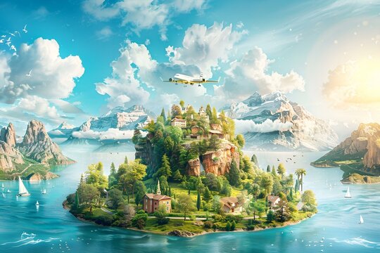  A scenic island with a house overlooking the ocean, with a plane flying overhead.