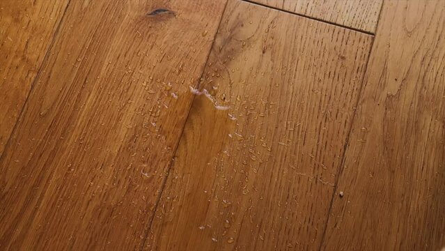 Close-up of water dripping onto the floor in an apartment, highlighting a flood concept. Water damage from rain and leaks.