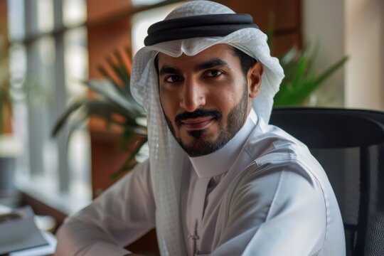 Arab man at office wearing kandura looking forward ideal for business concept