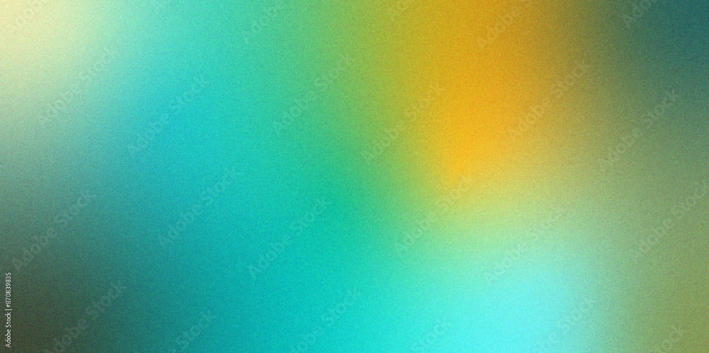 Poster Vibrant and grainy rainbow gradient texture. Smooth gradient background blending soft pastel colors. Soft gradient surface texture in shades of green, blue, violet, and orange.