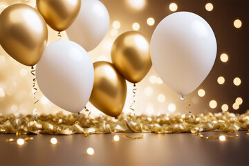 Gold and White Balloons Floating with Festive Lights Background and Text Space