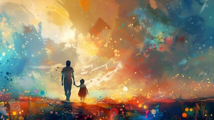 A man and child walking through a vibrant paint field, surrounded by a rainbow of colors.