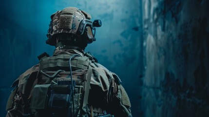 Fototapeta premium The fighter of the special unit turned and threateningly looks at the enemy. Back view