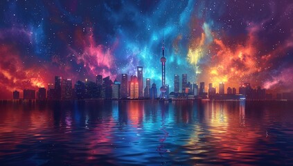 Obraz premium Cityscape Under a Vibrant Night Sky