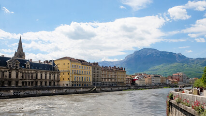 Fototapeta premium Row Of Old Buildings On Isère Riverbank In Grenoble City, France.