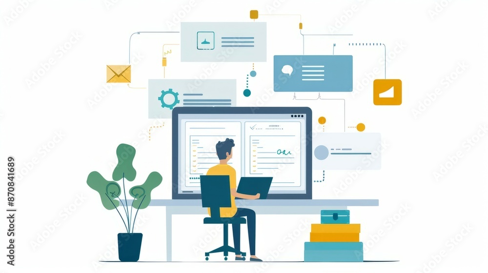 Poster man working on a computer in a modern office setting