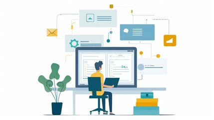 Man Working on a Computer in a Modern Office Setting