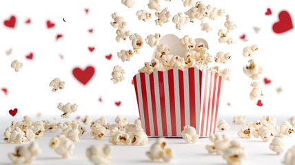Red and White Striped Popcorn Bucket Filled With Popcorn. popcorn bucket, red and white stripes, popcorn, filled with popcorn, movie snack, cinema popcorn, popcorn close-up, striped bucket, 