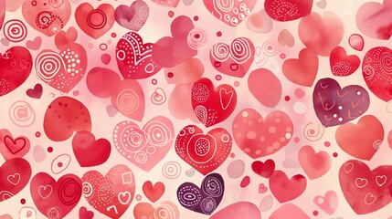 Charming pattern with an assortment of hearts and circles in varying sizes and shades of pink and red, creating a romantic and lively design.

