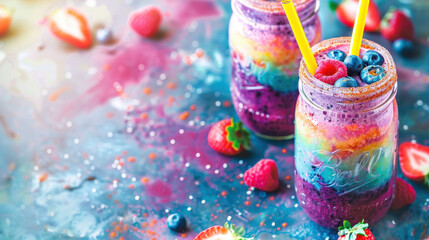 Naklejka premium Colorful layered berry smoothie in mason jars with yellow straws on vibrant background