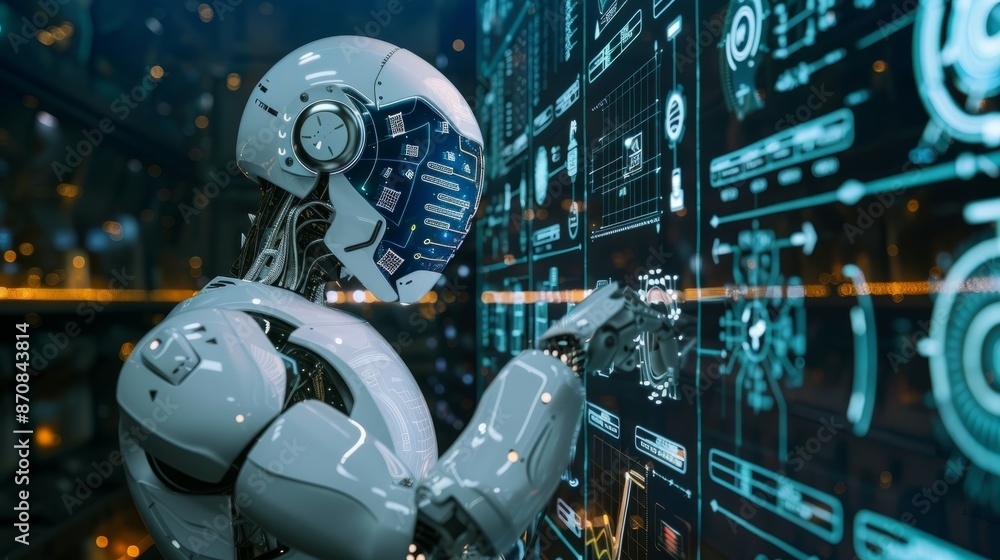 Poster advanced ai: futuristic robot analyzing data