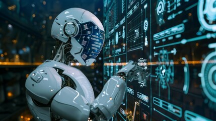 Fototapeta premium Advanced AI: Futuristic Robot Analyzing Data