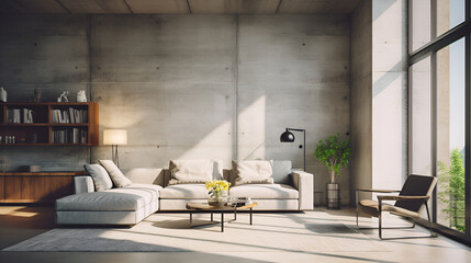 Minimalist living room interior with wooden floor, decor on a large wall ,Modern bright interiors 3D rendering illustration