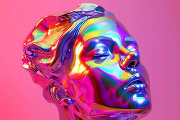 3D render of the head of an Aphrodite statue in holographic neon light on a pink background