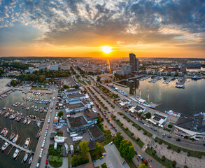 Beautiful scenery of Gdynia city with a marina at sunset. Poland.