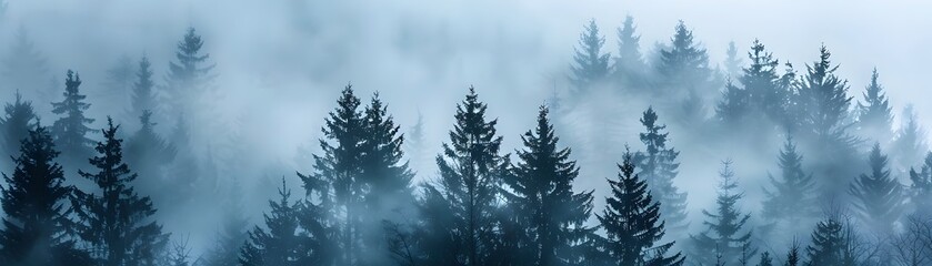 Ghostly Figures of Trees in Misty Mountain Forest Serene Natural Landscape