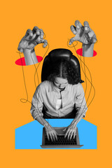 Vertical collage picture young woman office worker employee secretary hands manipulation pull...