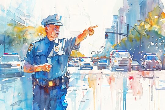 Watercolor Illustration of a Police Officer Directing Traffic - A watercolor illustration of a police officer in uniform directing traffic on a busy city street. - A watercolor illustration of a polic