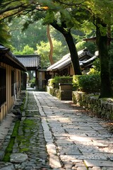 Fototapeta premium Cobblestone Pathway in a Japanese Garden with Green Trees