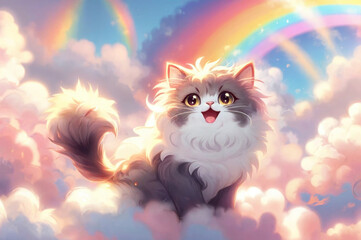 Cute kitten walks in the sky in fluffy white and rainbow clouds