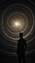 An Artwork,"A person stands amidst a swirling vortex of light and shadow, enveloped by fleeting glimpses of past memories and future possibilities, creating an evocative and introspective scene."