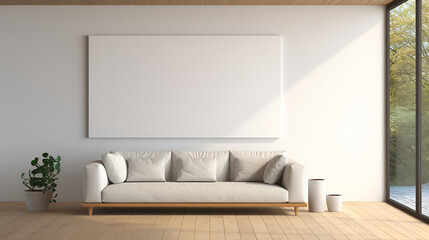 The airy and bright living room features a comfortable white couch and modern decor, with natural light ,Home interior background with a mockup frame