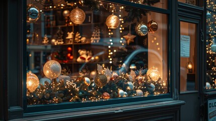 Christmas Decorations in a Store Window.