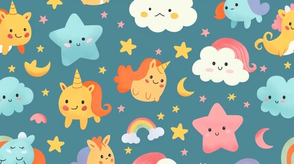 Fun and friendly pattern featuring cute, cartoon-style characters like smiling clouds, stars, and rainbow-colored animals, creating a playful and whimsical design.

