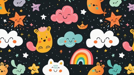 Fun and friendly pattern featuring cute, cartoon-style characters like smiling clouds, stars, and rainbow-colored animals, creating a playful and whimsical design.

