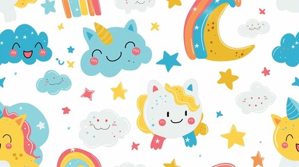 Fun and friendly pattern featuring cute, cartoon-style characters like smiling clouds, stars, and rainbow-colored animals, creating a playful and whimsical design.

