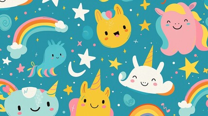 Fun and friendly pattern featuring cute, cartoon-style characters like smiling clouds, stars, and rainbow-colored animals, creating a playful and whimsical design.

