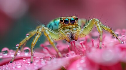 Fototapeta premium Green Jumping Spider on Pink Flower