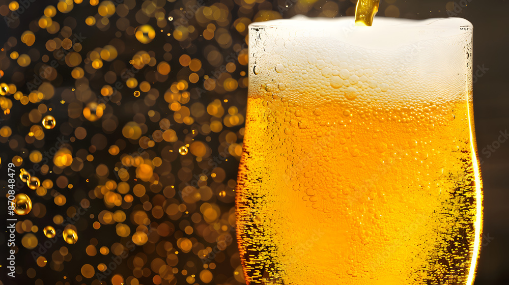 Poster pouring beer with bubble froth in glass for background on front view wave curve shape